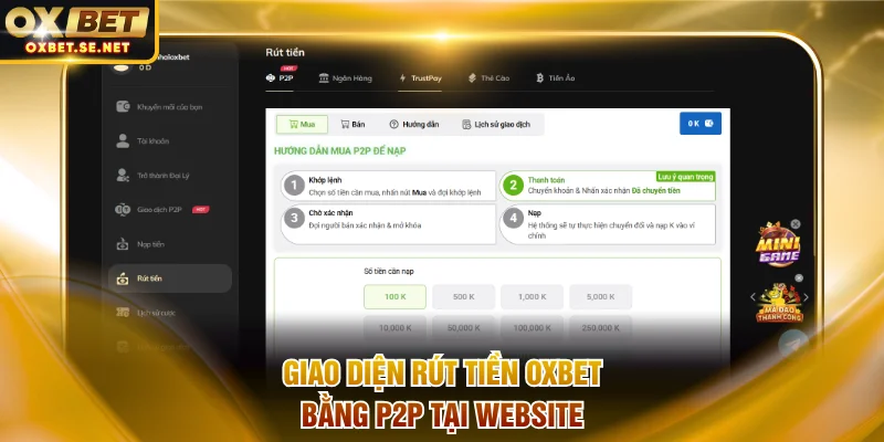 Giao diện rút tiền OXBET bằng P2P tại website